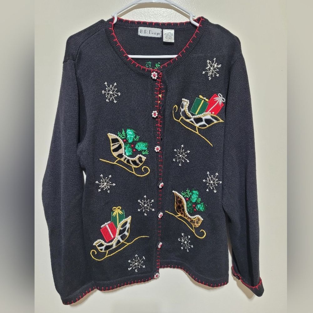 Vintage Black Christmas Sweater with Sleigh Design